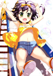 Rule 34 | 1girl, :d, absurdres, armpits, arms up, bare legs, blue shorts, blue stripes, breasts, bubble, child, collarbone, fang, flat chest, fujima takuya, gluteal fold, green eyes, hair ribbon, highres, looking at viewer, lyrical nanoha, mahou shoujo lyrical nanoha vivid, navel, official art, open hand, open mouth, orange footwear, panties, panties under shorts, pigeon-toed, purple hair, ribbon, rio wezley, scan, shirt, shoes, short shorts, shorts, simple background, skindentation, sleeveless, sleeveless shirt, slide, smile, sneakers, solo, striped clothes, striped footwear, tongue, underboob, underwear, upshorts, white background, white panties, white stripes, yellow ribbon, yellow shirt
