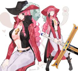 Rule 34 | &gt; &lt;, 1girl, alternate breast size, belt, black eyes, boots, braid, breasts, closed eyes, closed mouth, coat, collared coat, cosplay, cross, dracule mihawk, dracule mihawk (cosplay), drill hair, ghost, greatsword, hat, high collar, highres, holding, holding sword, holding weapon, huge weapon, jewelry, joman, large breasts, long hair, long sleeves, looking at viewer, multiple views, navel, no bra, one piece, open clothes, open coat, pants, parted lips, pendant, perona, pink hair, resized, side braid, sidelocks, sitting, solo, standing, stomach, struggling, sword, third-party edit, trembling, twin braids, twitter username, very long hair, weapon, wide hips, yoru (one piece)