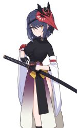 Rule 34 | 1girl, bebetang, black hair, breasts, circlet, commentary, detached sleeves, from side, genshin impact, gloves, highres, japanese clothes, kujou sara, large breasts, looking at viewer, mask, mask on head, short hair, simple background, sleeveless, solo, standing, sword, vambraces, vision (genshin impact), weapon, white background, wide sleeves, yellow eyes