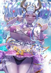 Rule 34 | bikini, blue hair, breasts, cheerleader, cleavage, curecycadura, curvy, dark-skinned female, dark skin, double bun, fate/grand order, fate (series), hair bun, highres, horns, ibuki douji (fate), ibuki douji (swimsuit berserker) (fate), ibuki douji (swimsuit berserker) (second ascension) (fate), large breasts, monster, monster girl, oni, oni horns, panties, red eyes, revealing clothes, school uniform, sweat, swimsuit, thick thighs, thighs, underwear