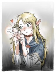 Rule 34 | 1girl, blonde hair, blue capelet, blush, button eyes, buttons, capelet, character doll, choker, co1fee, doll, dungeon meshi, elf, english text, falin touden, falin touden (tallman), green eyes, heart, highres, holding, holding doll, long hair, marcille donato, pointy ears, red choker, shirt, solo, t-shirt, white shirt