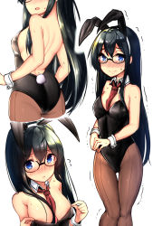 Rule 34 | 1girl, animal ears, binsen, black hair, black leotard, blue eyes, blush, breasts, brown pantyhose, commentary request, cowboy shot, detached collar, embarrassed, fake animal ears, glasses, head out of frame, kantai collection, leotard, long hair, looking at viewer, multiple views, ooyodo (kancolle), pantyhose, playboy bunny, rabbit ears, rabbit tail, red neckwear, semi-rimless eyewear, small breasts, strapless, strapless leotard, tail, under-rim eyewear, wrist cuffs