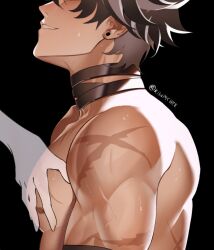 Rule 34 | 1boy, bandaged arm, bandaged neck, bandages, bara, black background, genshin impact, grey hair, hand on another&#039;s chest, kiwmchee, large pectorals, male focus, multicolored hair, muscular, muscular male, nipples, pectorals, scar, scar on arm, scar on chest, short hair, simple background, smile, twitter username, two-tone hair, wriothesley (genshin impact)