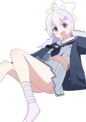 Rule 34 | 1girl, absurdres, ahoge, black coat, black neckerchief, blue archive, blue hair, coat, foot out of frame, grey shirt, grey skirt, hair ornament, halo, head tilt, highres, knees up, light blush, long hair, looking at viewer, low twintails, luke (dydansgur), midriff, multicolored hair, navel, neckerchief, open clothes, open coat, open mouth, outline, paw print, pink hair, pleated skirt, purple eyes, reisa (blue archive), sailor collar, shirt, shoes, simple background, skirt, smile, sneakers, socks, solo, star (symbol), star hair ornament, striped clothes, striped socks, tareme, twintails, two-tone hair, v-shaped eyebrows, white background, white sailor collar