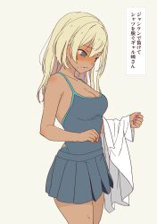 Rule 34 | 1girl, absurdres, blonde hair, blush, breasts, competition swimsuit, daipunch, embarrassed, grey skirt, gyaru, highres, long hair, medium breasts, one-piece swimsuit, original, pink nails, school swimsuit, simple background, skirt, sweatdrop, swimsuit, swimsuit under clothes, undressing