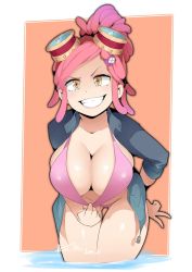 Rule 34 | 10s, 1girl, 2019, alternate hairstyle, arms behind back, artist name, bent over, bikini, bikini pull, boku no hero academia, breasts, cleavage, cleavage reach, clothes pull, commentary, cowboy shot, dated, downblouse, doyagao, english commentary, gluteal fold, goggles, goggles on head, grin, hair ornament, hairclip, hand on own hip, hatsume mei, high ponytail, highres, hot vr, jacket, large breasts, legs together, looking at viewer, medium hair, open clothes, open jacket, pink bikini, pink hair, pulled by self, shiny skin, signature, simple background, smile, smug, solo, standing, swept bangs, swimsuit, symbol-shaped pupils, thigh gap, thighs, two-tone background, v, v-shaped eyebrows, wading, water, white background, yellow eyes, zipper pull tab