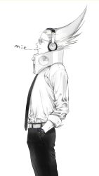 Rule 34 | 1boy, amplifier, belt, boku no hero academia, bulge, character name, cigarette, cowboy shot, crested hair, dress pants, dress shirt, expressionless, facial hair, from side, glasses, greyscale, hair up, hand in pocket, headphones, highres, lineart, long hair, long sleeves, looking ahead, male focus, monochrome, mouth hold, mustache, necktie, present mic, profile, shirt, simple background, sleeves rolled up, smoke trail, smoking, solo, tinted eyewear, ura musi, watch, white background, wristwatch