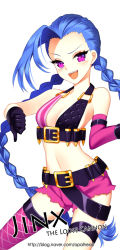 Rule 34 | 1girl, belt, black gloves, blue hair, blush, braid, breasts, character name, english text, gloves, hairline, jinx (league of legends), league of legends, long hair, looking at viewer, midriff, navel, opalheart, open mouth, pink eyes, shorts, simple background, solo, twin braids, watermark, web address, white background