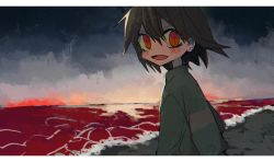 Rule 34 | 1other, bad id, bad pixiv id, beach, blush, brown hair, chara (undertale), cloud, dark clouds, hair between eyes, long sleeves, looking at viewer, ocean, open mouth, outdoors, red eyes, sky, solo, soumenhiyamugi, striped clothes, striped sweater, sweater, undertale, upper body, water