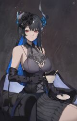 Rule 34 | 1girl, absurdres, alternate costume, asymmetrical horns, bare shoulders, black hair, blue hair, breasts, cleavage, colored inner hair, cup, demon horns, dress, hair ornament, highres, hololive, hololive english, horns, large breasts, long hair, looking at viewer, mole, mole under eye, multicolored hair, nerissa ravencroft, o22no, red eyes, smile, solo, tea, teacup, two-tone hair, uneven horns, very long hair, virtual youtuber