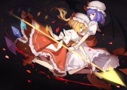 Rule 34 | 2girls, absurdres, ascot, bat wings, black background, blonde hair, blue hair, bow, crystal, detached wings, dress, flandre scarlet, frills, hat, hat ribbon, high heels, highres, holding, holding polearm, holding spear, holding weapon, left-handed, long hair, looking at viewer, mob cap, multiple girls, one side up, petals, polearm, profile, puffy short sleeves, puffy sleeves, red bow, red eyes, red footwear, red ribbon, red sash, red skirt, red vest, remilia scarlet, reverse grip, ribbon, rlonely zhuazi, rose petals, sash, shirt, short hair, short sleeves, siblings, simple background, sisters, skirt, skirt set, socks, spear, spear the gungnir, touhou, vest, weapon, white bow, white dress, white footwear, white headwear, white legwear, white shirt, wings, wrist cuffs, yellow ascot, yellow bow