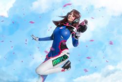 Rule 34 | 1girl, bodysuit, brown hair, clothes, cosplay, d.va (overwatch), d.va (overwatch) (cosplay), dutch angle, facial mark, falling petals, gloves, gun, headphones, helly von valentine (disharmonica), highres, long hair, looking at viewer, overwatch, overwatch 1, petals, photo (medium), real life, shoes, solo, weapon