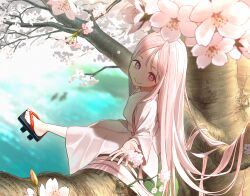 Rule 34 | 1girl, :&gt;, blurry, blurry background, cherry blossoms, cherry tree, closed mouth, commentary request, full body, geta, highres, japanese clothes, kimono, long hair, matsu bokkuri, original, petite, pink hair, pink kimono, sitting on branch, smile, solo, very long hair, water