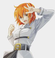Rule 34 | 1girl, :d, ahoge, belt, black skirt, clenched hand, commentary request, fate/grand order, fate (series), fujimaru ritsuka (female), grey background, grey jacket, hand up, jacket, long sleeves, looking at viewer, mi (pic52pic), one side up, open mouth, orange hair, short hair, simple background, skirt, smile, solo, standing, upper body, w, wing collar, yellow eyes