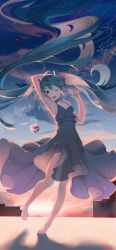 Rule 34 | 1girl, absurdres, arm up, bare arms, bare shoulders, barefoot, black dress, blue eyes, blue hair, blue sky, breasts, cac itinose, cloud, cloudy sky, collarbone, commentary request, dress, floating hair, frilled dress, frills, full body, hair between eyes, hand up, hatsune miku, highres, long hair, looking at viewer, one eye closed, open mouth, outdoors, sky, sleeveless, sleeveless dress, small breasts, solo, standing, standing on one leg, sunset, teeth, twintails, upper teeth only, very long hair, vocaloid