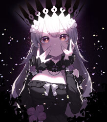 Rule 34 | 1girl, absurdres, beudelb, black dress, breasts, closed mouth, commission, copyright request, crown, detached sleeves, dress, flower, grey hair, hair flower, hair ornament, hands on own face, hands up, highres, indie virtual youtuber, jewelry, large breasts, long hair, long sleeves, looking at viewer, necklace, pixiv commission, red eyes, solo, strapless, strapless dress, upper body, virtual youtuber