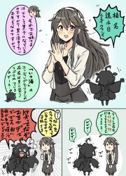 Rule 34 | 2girls, anchor ornament, black hair, black shirt, comic, commentary request, grey skirt, hair ornament, hairband, hairclip, haruna (kancolle), highres, jacket, jewelry, kakincho, kantai collection, kongou (kancolle), long hair, multiple girls, necklace, official alternate costume, shirt, skirt, translation request, white jacket