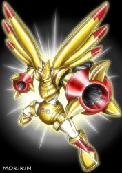 Rule 34 | arm cannon, armor, artist request, blue eyes, cannon, crests (digimon), digimon, fighting stance, full armor, highres, horn, long ears, looking at viewer, mechanical wings, muscular, rapidmon (armor), simple background, solo, weapon, wings