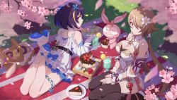 Rule 34 | 2girls, bad id, bad pixiv id, bare shoulders, basket, blue eyes, breasts, brown hair, brown legwear, cake, cake slice, cherry blossoms, china dress, chinese clothes, cleavage, closed mouth, cup, doll, doughnut, dress, drinking glass, flower, food, fruit, full body, grass, hair flower, hair ornament, hair over one eye, high heels, highres, homei (honkai impact), honkai (series), honkai impact 3rd, juice, legs up, lemon, long hair, looking at viewer, looking back, lying, macaron, multiple girls, on stomach, petals, picnic, picnic basket, plate, purple eyes, red eyes, red flower, red rose, rita rossweisse, rita rossweisse (artemis), rose, seele (alter ego), seele vollerei, seele vollerei (swallowtail phantasm), seiza, shoe soles, short hair, sitting, smile, thigh strap, thighhighs, toes, tree, tree shade, twintails, white dress, white flower, white footwear, wubaiye zhu
