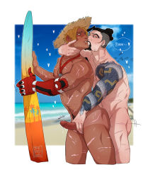 Rule 34 | 2boys, anal, bara, beach, cassidy (overwatch), facial hair, hanzo (overwatch), hat, highres, male penetrated, multiple boys, muscular, nude, outdoors, overwatch, overwatch 1, piercing, scar, sex, yaoi
