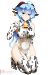 Rule 34 | 1girl, ahoge, animal print, closed mouth, cow print, ganyu (genshin impact), genshin impact, gloves, goat horns, highres, horns, kimmy77, kneeling, looking at viewer, milk, smile, white background