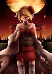 Rule 34 | 1girl, absurdres, bad id, bad pixiv id, bandage over one eye, bandaged neck, bandages, bare shoulders, blonde hair, blood, blood splatter, breasts, building, cityscape, cleavage, constricted pupils, crazy eyes, evil smile, eyeshadow, floral print, garter belt, gun, handgun, highres, holding, holding gun, holding weapon, japanese clothes, kagamine rin, karakuri burst (vocaloid), kimono, laughing, makeup, medium breasts, moon, night, night sky, obi, open mouth, petals, red eyes, red lips, revolver, rlf 00, sash, scar, short kimono, sky, smile, solo, thighhighs, updo, vocaloid, weapon, yellow moon