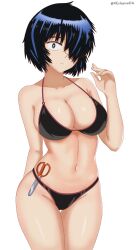 Rule 34 | 1girl, absurdres, arm behind back, armpit crease, bare arms, bare shoulders, bikini, black bikini, black hair, breasts, bright pupils, closed mouth, collarbone, commentary request, cowboy shot, eclyart, expressionless, green eyes, groin, hair over one eye, halterneck, hand up, highres, large breasts, looking at viewer, navel, nazo no kanojo x, one eye covered, scissors, short hair, simple background, solo, standing, stomach, string bikini, swimsuit, thigh gap, twitter username, urabe mikoto, white background, white pupils