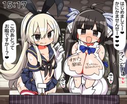 Rule 34 | 2girls, :d, :p, black bow, black hair, blue bow, blue ribbon, blue sailor collar, blue skirt, blush, body writing, bow, breasts, breasts squeezed together, brown eyes, collarbone, comiket, commentary request, covered navel, dungeon ni deai wo motomeru no wa machigatteiru darou ka, elbow gloves, fellatio gesture, gloves, hair bow, hestia (danmachi), huge breasts, kanikama, kantai collection, large breasts, looking at viewer, miniskirt, multiple girls, navel, open mouth, pleated skirt, ribbon, sailor collar, shimakaze (kancolle), skirt, small breasts, smile, speech bubble, striped clothes, striped thighhighs, sweat, tally, text focus, thighhighs, tongue, tongue out, translation request, v arms, white gloves, white hair