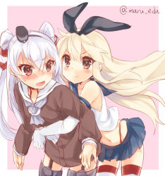 Rule 34 | 10s, 2girls, amatsukaze (kancolle), bare shoulders, black bow, blonde hair, blue skirt, blush, bow, brown eyes, choker, dress, elbow gloves, gloves, grey neckerchief, hair bow, hair tubes, hairband, hug, hug from behind, kantai collection, long hair, long sleeves, maruki (punchiki), midriff, miniskirt, multiple girls, neckerchief, pleated skirt, sailor collar, sailor dress, shimakaze (kancolle), silver hair, skirt, striped clothes, striped legwear, striped thighhighs, thighhighs, two side up