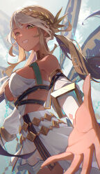 Rule 34 | 1girl, absurdres, andromeda (fate), andromeda (first ascension) (fate), armlet, bare shoulders, belly chain, blonde hair, braid, breasts, chain, cleavage, collar, crown braid, cuffs, dark-skinned female, dark skin, detached sleeves, dress, fate/grand order, fate (series), fomnant, gold teeth, green eyes, grin, hair ornament, highres, jaws, jewelry, large breasts, long hair, looking at viewer, low twintails, metal collar, multicolored hair, outstretched arm, shackles, short dress, sidelocks, smile, solo, twintails, two-tone hair, white dress, white hair