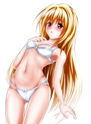 Rule 34 | 1girl, absurdres, blonde hair, blush, breasts, cleavage, collarbone, cowboy shot, floating hair, gluteal fold, gobby ekaki, groin, hair between eyes, highres, konjiki no yami, long hair, navel, open mouth, purple eyes, simple background, small breasts, solo, standing, straight hair, thigh gap, to love-ru, underwear, underwear only, very long hair, white background