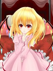 Rule 34 | bed, blanket, blonde hair, canopy bed, crystal hair, finger to mouth, flandre scarlet, futon, highres, looking at viewer, nightgown, on bed, pajamas, pillow, pink nightgown, shushing, side ponytail, solo, syo03, touhou