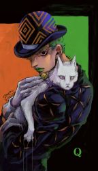 Rule 34 | 1boy, akono, animal, animal collar, black eyes, bowler hat, cat, claws, collar, dead man&#039;s questions, gloves, green hair, green lips, hat, highres, holding, holding animal, jojo no kimyou na bouken, kira yoshikage, male focus, signature, solo, twitter username, upper body, white gloves