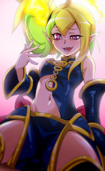Rule 34 | 1girl, ahoge, asymmetrical clothes, asymmetrical hair, black dress, black gloves, black thighhighs, blonde hair, breasts, detached sleeves, dress, duel monster, fang, gloves, green hair, highres, looking at viewer, medium breasts, midriff, montaroman, multicolored hair, navel, open mouth, pointy ears, purple eyes, sevens road witch, short dress, side ponytail, thighhighs, two-tone hair, yandere, yu-gi-oh!, yu-gi-oh! sevens
