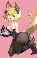 Rule 34 | 1girl, absurdres, animal ears, ass, black pantyhose, blonde hair, blush, bow, feet, foot focus, foreshortening, granblue fantasy, hair bow, highres, hyouta (yoneya), leotard, looking at viewer, medium hair, open mouth, pantyhose, pink background, plate, shoes, unworn shoes, single shoe, soles, solo, tail, toes, tray, vajra (granblue fantasy), yellow eyes