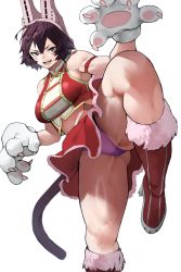 Rule 34 | 1girl, absurdres, animal hands, armband, bare shoulders, bell, boku no hero academia, boots, breasts, brown hair, cat paws, cat tail, crop top, facial mark, fighting stance, foreshortening, fur-trimmed boots, fur trim, gloves, gluteal fold, groin tendon, highres, large breasts, looking at viewer, mandalay (boku no hero academia), neck bell, open mouth, panties, paw gloves, purple panties, red skirt, short hair, simple background, skirt, smile, solo, standing, standing on one leg, tail, thick thighs, thighs, thong, underwear, v-shaped eyebrows, white background, yoshio (55level)
