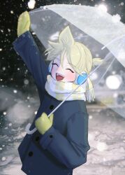 Rule 34 | 1boy, ^ ^, alternate costume, blonde hair, blue coat, blush, buttons, closed eyes, closed mouth, coat, dekomori, earmuffs, gloves, hand up, highres, holding, holding umbrella, kagamine len, long sleeves, male focus, messy hair, open mouth, plaid, plaid scarf, scarf, short hair, short ponytail, smile, snow, snowing, solo, umbrella, vocaloid, waving, white scarf, white umbrella, winter, winter clothes, yellow gloves, yellow scarf