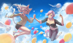 Rule 34 | 10s, 2girls, :d, animal ears, balloon, bird, blue eyes, breasts, capri pants, cat tail, cleavage, cloud, day, detached collar, elezen, elf, final fantasy, final fantasy xiv, hair ornament, hairclip, holding hands, large breasts, light purple hair, long hair, looking at another, miqo&#039;te, multiple girls, open mouth, pants, pointy ears, potion lilac(popopotionu), purple eyes, short hair, shorts, sky, sleeves rolled up, smile, stylus, tail, white hair