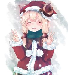 Rule 34 | 1girl, blonde hair, blush, button eyes, buttons, capelet, christmas, green scarf, hair ornament, hat, highres, horns, inushida (dogsheepsheep), low twintails, messy hair, original, santa hat, scarf, sheep girl, sheep horns, short hair, snow, solo, thick eyebrows, twintails, white background, winter, winter clothes