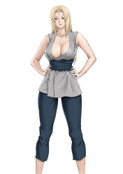 Rule 34 | 1girl, armpits, bare arms, blonde hair, breasts, brown eyes, cleavage, closed mouth, daigo, facial mark, feet out of frame, female focus, forehead mark, hands on own hips, highres, large breasts, legs, legs apart, long hair, looking at viewer, nail polish, naruto, naruto (series), red nails, simple background, sleeveless, smile, solo, standing, thighs, tsunade (naruto), twintails, white background