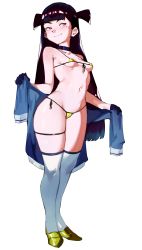 Rule 34 | 1girl, absurdres, bad id, bad pixiv id, bikini, black gloves, black hair, breasts, cameltoe, character request, choker, cleft of venus, clothes around waist, copyright request, ear piercing, full body, gloves, highres, long hair, micro bikini, micro bikini top, mole, mole under eye, navel, original, piercing, purple eyes, roropull, side-tie bikini bottom, simple background, small breasts, solo, standing, sweater, sweater around waist, swimsuit, thigh strap, thighhighs, two side up, very long hair, white background, white thighhighs, yellow bikini