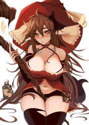 Rule 34 | 1girl, ahoge, arm behind back, bare shoulders, between legs, black shirt, black thighhighs, blush, bottle, breasts, brown hair, cleavage, commentary request, dress, elfboiii, hair between eyes, hair ornament, halter dress, halterneck, highres, holding, holding staff, large breasts, large hat, long hair, looking at viewer, navel, original, red dress, red headwear, shirt, short shorts, shorts, simple background, solo, staff, sweat, symbol-shaped pupils, thigh grab, thighhighs, thighs, very long hair, vial, white background, yellow eyes