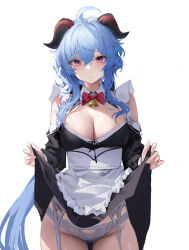Rule 34 | 1girl, absurdres, ahoge, alternate costume, apron, bell, black dress, black sleeves, blue hair, bow, bowtie, breasts, cleavage, clothes lift, cowbell, cowboy shot, detached collar, detached sleeves, dress, dress lift, enmaided, ganyu (genshin impact), garter belt, garter straps, genshin impact, goat horns, gradient eyes, hair between eyes, highres, horns, leviathan (hikinito0902), lifting own clothes, light blush, long bangs, long hair, looking at viewer, maid, maid apron, medium breasts, multicolored eyes, panties, parted lips, red bow, red bowtie, sidelocks, solo, underwear, waist apron, white background, white panties