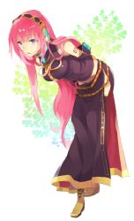 Rule 34 | 1girl, arms behind back, bad id, bad pixiv id, bare shoulders, blue eyes, boots, headphones, hyakuhachi (over3), leaning forward, long hair, megurine luka, pink hair, side slit, solo, thighhighs, vocaloid