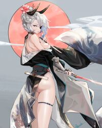 Rule 34 | 1girl, absurdres, ass, bamuth, bare shoulders, blue eyes, bracer, breasts, choker, eyepatch, flower, grey hair, hair flower, hair ornament, highres, holding, holding sword, holding weapon, horns, japanese clothes, kimono, long hair, looking at viewer, medium breasts, original, parted lips, sash, sheath, short hair, sideboob, simple background, skindentation, solo, sword, thigh strap, weapon