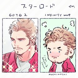 Rule 34 | 1boy, animification, blush, brown hair, chibi, facial hair, goatee, guardians of the galaxy, jacket, male focus, marvel, marvel cinematic universe, moyashi (narukami), mustache, peter quill, sideburns, solo, sparkle, translated