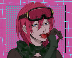 Rule 34 | 1boy, black gloves, black scarf, blood, blood on face, blue eyes, brown shirt, ensemble stars!, gloves, goggles, goggles on head, long sleeves, male focus, nobushi brrr, open mouth, pink background, pink hair, saegusa ibara, scarf, shirt, sketch, solo, teeth, tongue, tongue out