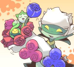 Rule 34 | :&gt;, blue flower, blue rose, blush, budew, closed eyes, creatures (company), crepix, flower, game freak, gen 3 pokemon, gen 4 pokemon, holding, image sample, looking at viewer, nintendo, no humans, open mouth, pixiv sample, pokemon, pokemon (creature), red flower, red rose, rose, roselia (pokemon), roserade, simple background, smile, standing