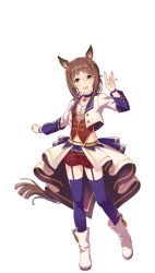 Rule 34 | 1girl, animal ears, blush, brown hair, starting future (umamusume), fine motion (umamusume), folded ponytail, full body, green eyes, hair between eyes, hair ornament, highres, horse ears, horse girl, looking at viewer, midriff, navel, official art, open mouth, shorts, solo, tachi-e, thighhighs, transparent background, umamusume