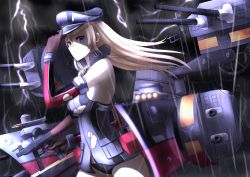 Rule 34 | 1girl, anchor earrings, bad id, bad pixiv id, bare shoulders, bismarck (kancolle), black gloves, black hat, black panties, blonde hair, blue eyes, breasts, cannon, closed mouth, cloud, cloudy sky, cowboy shot, detached sleeves, earrings, from side, gloves, gun, hair between eyes, hand on headwear, hand up, hat, holding, holding gun, holding weapon, itsuwa (continue), jewelry, kantai collection, large breasts, long hair, long sleeves, machinery, no bra, no pants, outdoors, panties, peaked cap, pocket, rain, revision, rigging, serious, shaded face, sideboob, sideways glance, sky, solo, standing, thunder, torn clothes, trigger discipline, turret, underboob, underwear, water, weapon